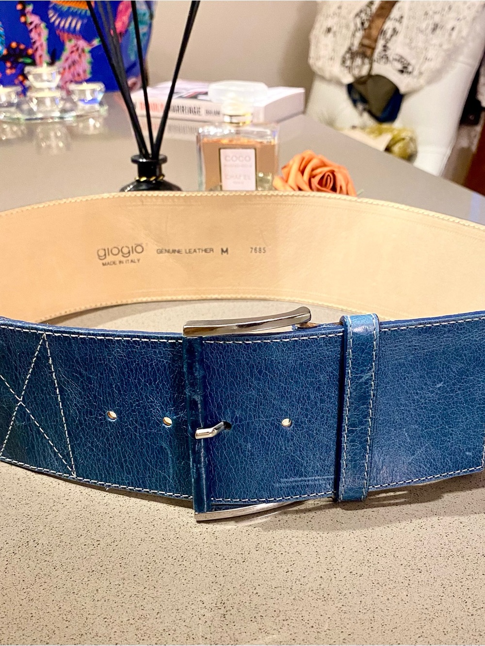 GIOGIO Blue Genuine Leather Dusty Blue Wide Belt ! GORGEOUS ❤️